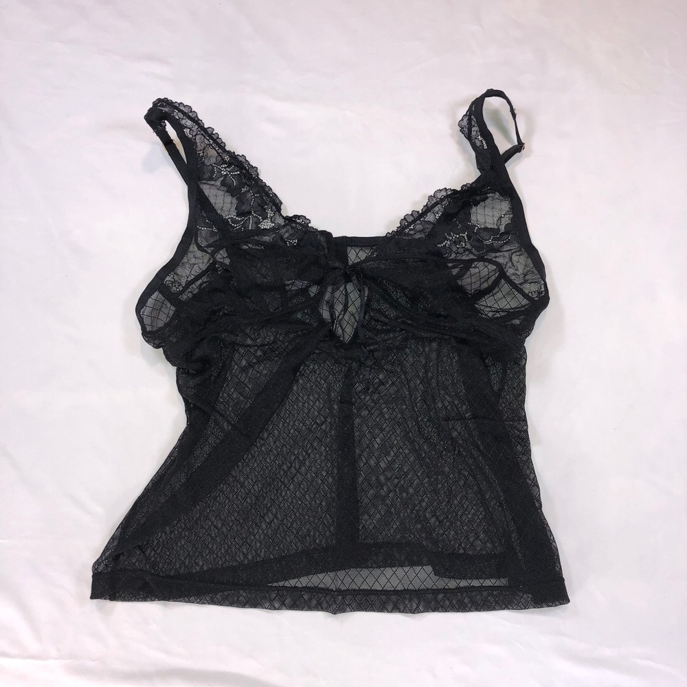 Black Sheer Lace Mesh Camisole Top Adjustable Straps Diamond Pattern Lingerie